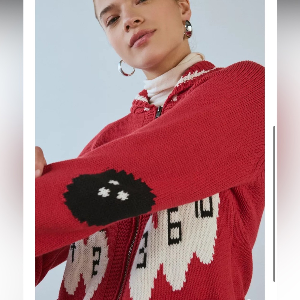 BDG Red Zip-Up Knit Cardigan with Black Soot Sprite Motif